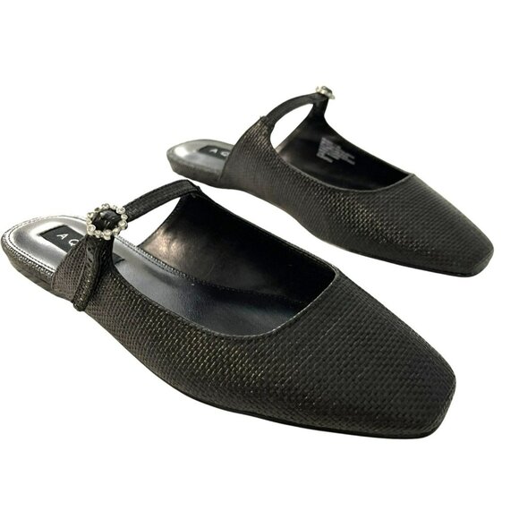 Aqua Black Square-Toe Woven Flats Rhinestone Buckle Strap Size 7.5 NEW - Picture 1 of 7